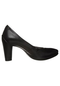 Chaussure à talon haut en cuir noir avec un bout arrondi, une finition lisse et un détail texturé sur le talon. Convient pour les occasions formelles.