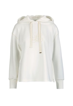 White long-sleeve hoodie with gold-accented drawstrings and subtle embroidered monogram on the chest, ribbed cuffs, and relaxed fit.
