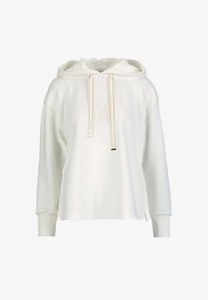 White long-sleeve hoodie with gold-accented drawstrings and subtle embroidered monogram on the chest, ribbed cuffs, and relaxed fit.