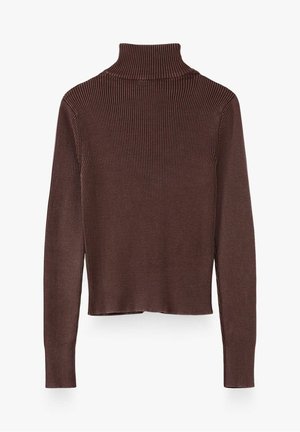Brown ribbed long-sleeve turtleneck sweater with slim fit and slightly cropped length shown from the back on a white background.