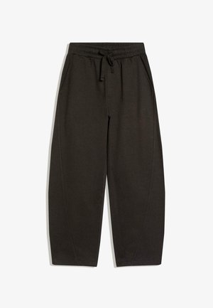 Črne široke trenirke z elastičnim pasom in vrvico za zategovanje, z bočnima žepoma in preprostimi šivi.