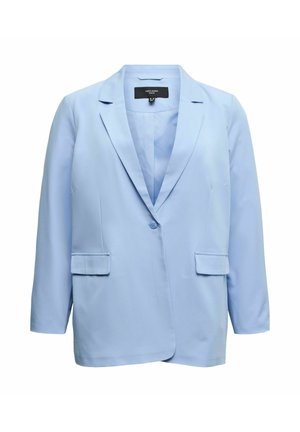 Blazer bleu clair à bouton unique avec revers crantés, manches longues et deux poches avant à rabat.