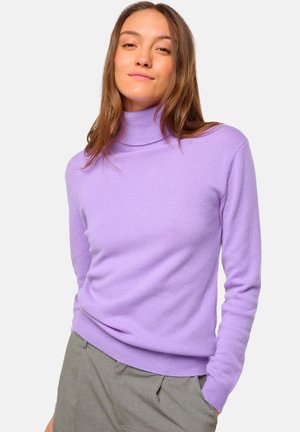 Lila Rollkragenpullover aus weichem Strickstoff, mit langen Ärmeln und einer taillierten Passform sowie gerippten Säumen und Bündchen.