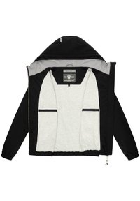 Black zip-up jacket with a grey interior, features a hood, elastic cuffs, and two front pockets with black accents.