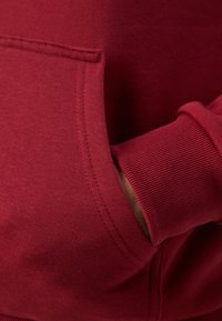 Bordeauxfarbener Hoodie mit einer Fronttasche, gerippten Bündchen und glatter Textur, sichtbaren Nähdetails und einer bequemen Passform.