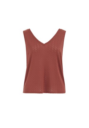 Top senza maniche color ruggine con scollatura a V, motivo a chevron sottile e orlo dritto.