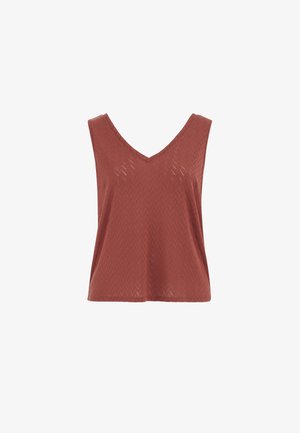Bezrukávové tielko v hrdzavohnedej farbe s výstrihom do V, jemným chevronovým vzorom na textúre a rovnými lemami.