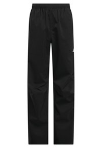 Pantalons de survêtement noirs en tissu léger, dotés d'une taille élastique et d'un logo discret près de la poche gauche. Texture lisse sur l'ensemble.