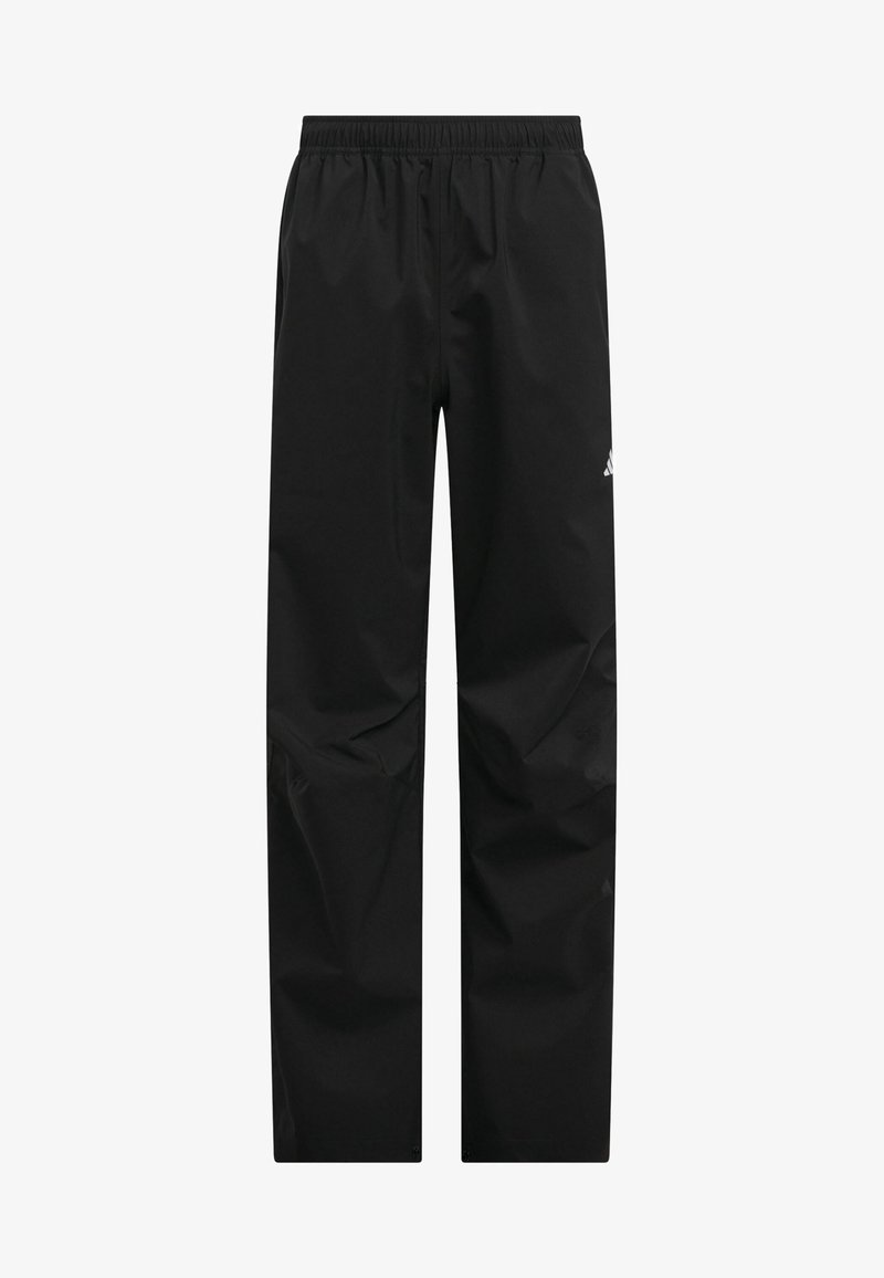 Pantalons de survêtement noirs en tissu léger, dotés d'une taille élastique et d'un logo discret près de la poche gauche. Texture lisse sur l'ensemble.