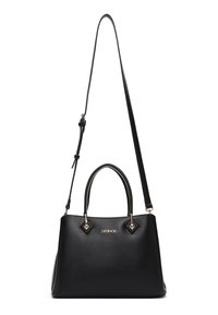 Black leather handbag with two short handles, an adjustable long shoulder strap, and gold-tone logo on the front.