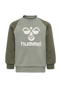 Grüner Pullover mit langen Ärmeln, der ein kontrastierendes Design in dunkelgrünem Raglan-Stil und ein großes weißes Logo auf der Vorderseite aufweist.