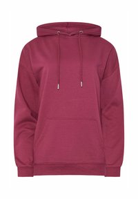 Felpa con cappuccio bordeaux, dotata di tasca a marsupio frontale, coulisse, polsini a costine e texture morbida. Design unisex, vestibilità casual.