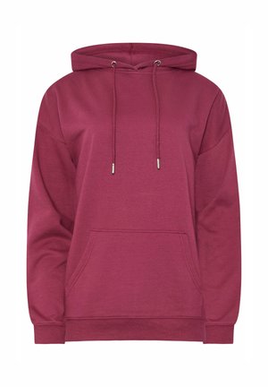 Burgundin väri hoodie, jossa on etupuolella kengurupocketti, nyöri, ribbikuvioidut hihat ja pehmeä pinta. Unisex-malli, rento istuvuus.