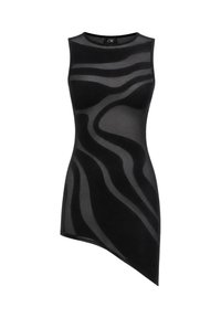 Black sleeveless asymmetrical dress with abstract wavy mesh patterns and a round neckline.
