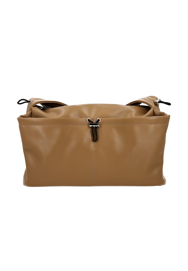 Tan leather handbag with a smooth texture, top handles, and a central drawstring closure. Features white stitching and understated design.