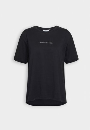 Black cotton t-shirt with a round neck, short sleeves, and a straight hem. Features white text "MSCHCOPENHAGEN" on the front.