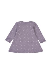 Levandulové dlouhé šaty s bílými puntíky, ribbed textura, rozšířený střih a kulatý výstřih. Zadní pohled ukazuje plnou délku sukně.