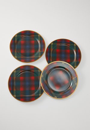 Sæt af fire runde keramikplader med et rød, grøn og blå tartanmønster med en guldrand og blank finish.