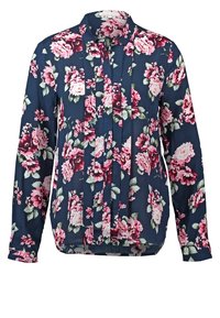 Navy floral blouse with pink and green patterns, long sleeves, a pleated front, and a collar. Made from lightweight fabric.
