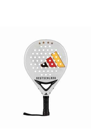 Wit padelracket met zwarte handgreep, geperforeerd oppervlak, ontwerp met Duitse vlag, tekst "DEUTSCHLAND" en vier sterren boven het hoofd.