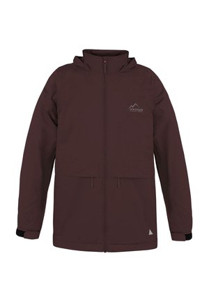 Dark maroon jacket with a zip front, adjustable hood, two front pockets, and a small logo. Made from lightweight, water-resistant material.