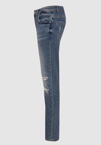 Blauwe denim jeans met een slim fit, met een verouderd uiterlijk aan de voorkant, een enkele achterzak, en gouden stiksels.