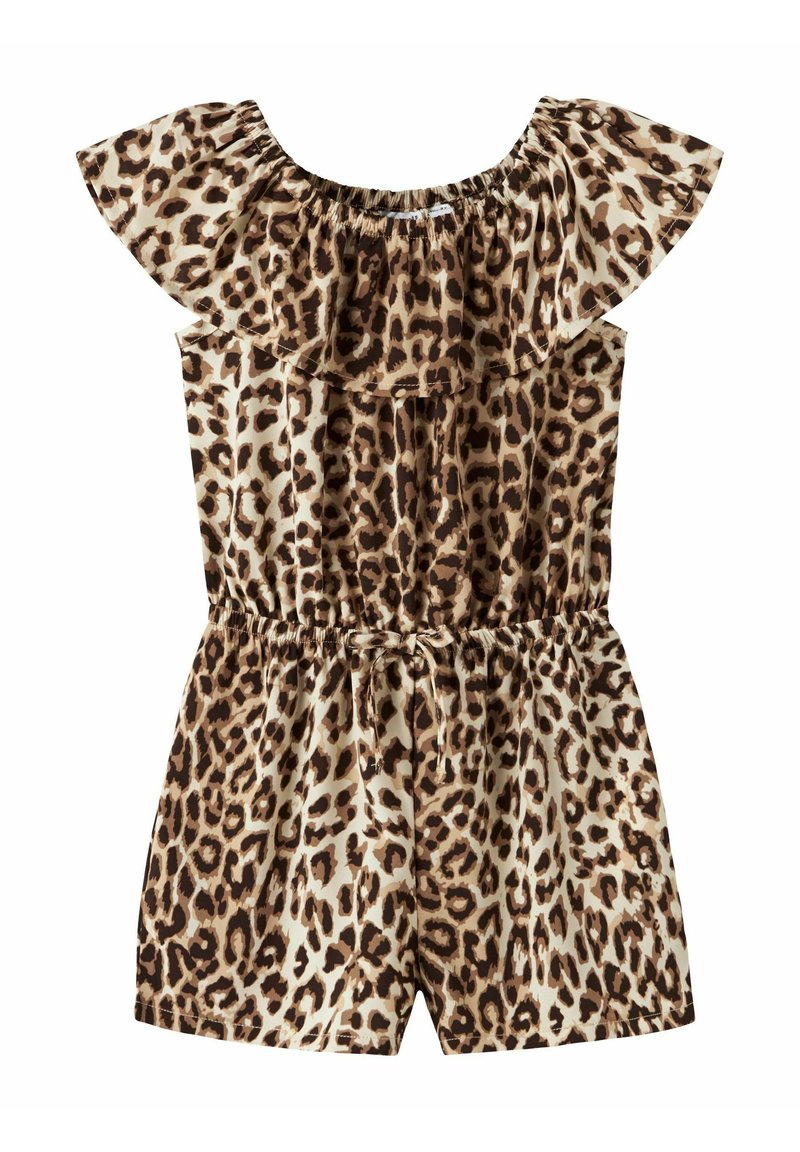 Rompers à imprimé léopard avec une taille élastique, des épaules froncées et des jambes courtes dans des nuances de crème et de marron. Tissu léger avec une texture douce.