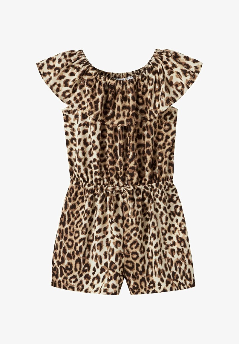 Jumpsuit de estampado de leopardo con cintura elástica, hombros con volantes y patas cortas en tonos crema y marrón. Tejido ligero con una textura suave.