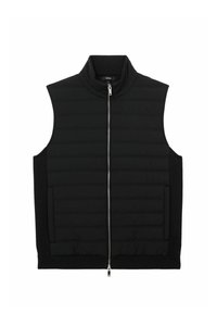 Czarna pikowana kamizelka bez rękawów z przednim zamkiem błyskawicznym i bocznymi kieszeniami, wyposażona w wysoki kołnierz i ściągacz na dole.