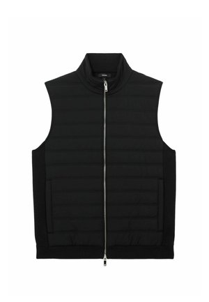 Gilet imbottito nero senza maniche con cerniera frontale e tasche laterali, caratterizzato da un colletto alto e orlo a costine.