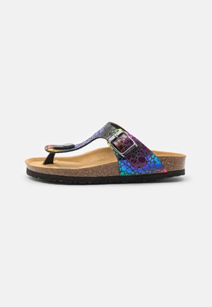 Sandálias tipo thong multicoloridas com uma fivela preta, palmilha de cortiça e parte superior texturizada com um padrão vibrante de pontos em roxo e azul.