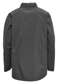 Graue wasserdichte Jacke mit hohem Kragen, elastischen Bündchen und geradem Schnitt. Glatte Textur ohne sichtbare Muster oder Akzente.
