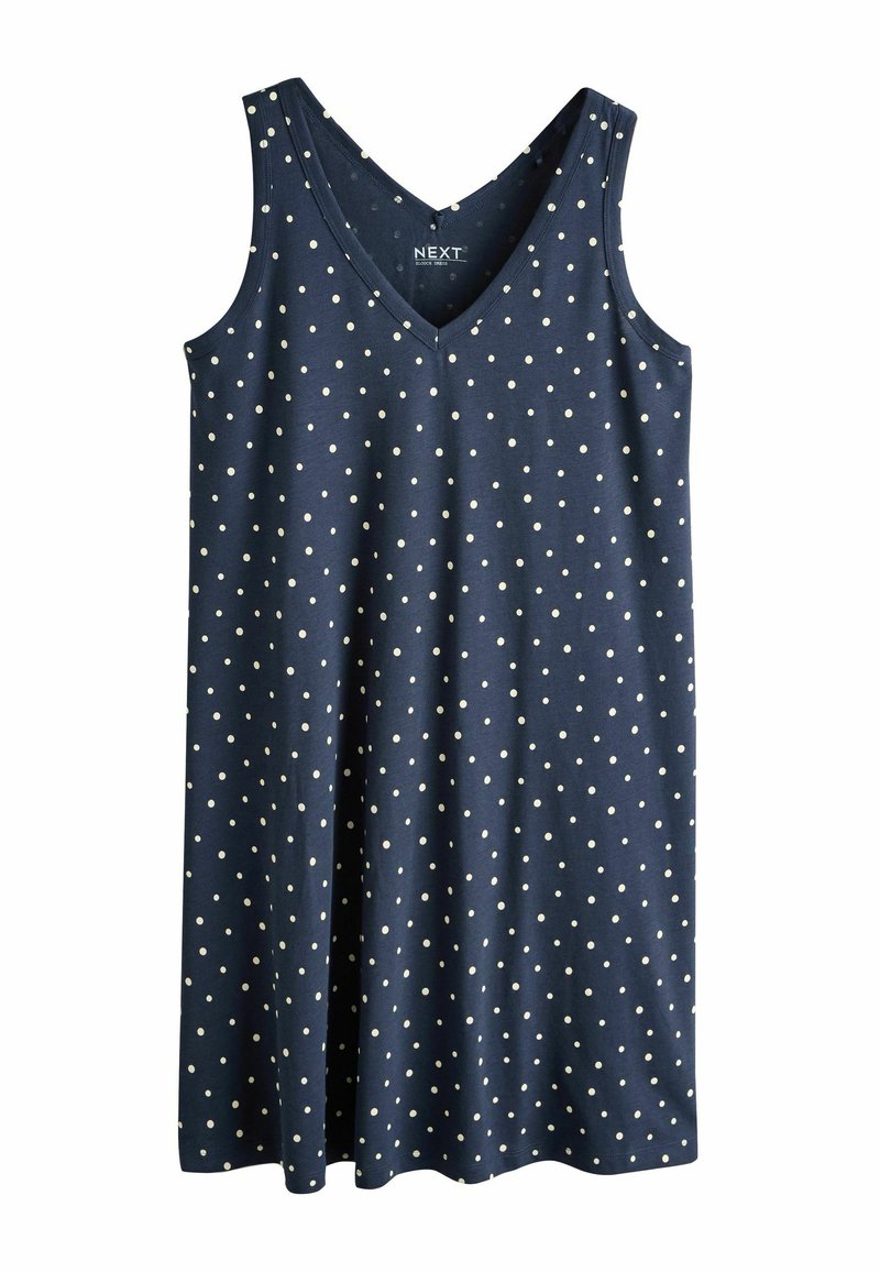 Robe bleu marine sans manches à pois blancs, encolure en V et coupe évasée, adaptée pour une tenue décontractée.