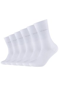 Witte katoenen enkelsokken, set van zes, met een gladde textuur en lichte cushioning. Elke sok heeft een subtiele logoprint dicht bij de bovenkant.