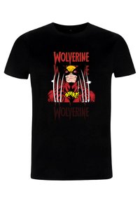 Černé tričko vyrobené z bavlny, s grafickým potiskem Wolverina s drápy, červenými a žlutými akcenty a opakujícím se textem "Wolverine."