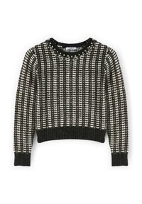 Schwarz-weißer gestreifter Pullover mit rundem Ausschnitt, strukturiertem Strick und dekorativen Perlenakzenten entlang des Ausschnitts. Kürzerer Schnitt mit geripptem Saum.