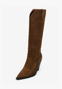 Bota alta de ante marrón con puntera afilada, tacón en ángulo y detalle de costura decorativa en el eje. Textura suave con un diseño estructurado.