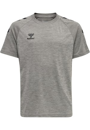 Grey athletic t-shirt with short sleeves, round neck, and black accent panels on shoulders. Features Hummel logo on the chest. Soft texture.