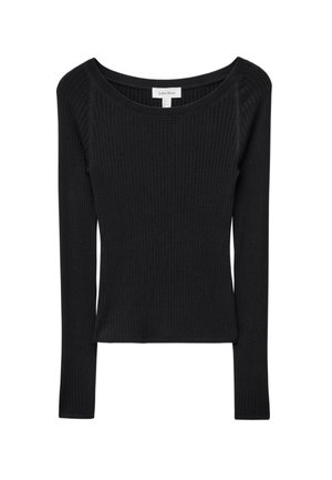 Black long-sleeve top made of ribbed fabric. Features a wide boat neckline and fitted shape, with subtle stitching details along the seams.