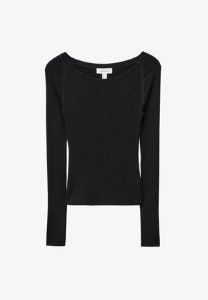Black long-sleeve top made of ribbed fabric. Features a wide boat neckline and fitted shape, with subtle stitching details along the seams.