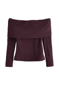 Top bordeaux a costine con spalle scoperte e maniche lunghe, dotato di un ampio scollo pieghettato e una silhouette aderente. Tessuto in maglia testurizzata.