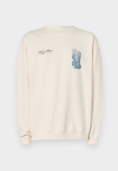 Cremefarbener Pullover aus weichem Stoff, mit gerippten Bündchen und Halsauschnitt. Auffällige hellblaue Grafik auf der Vorderseite mit Text.