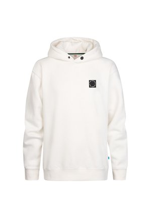 Witte hoodie met lange mouwen en klein zwart rond logo op de linkerborst tegen een effen achtergrond.