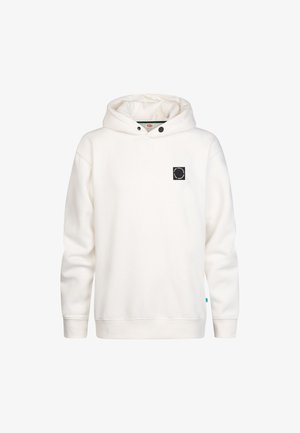 Sweat à capuche blanc à manches longues avec petit logo rond noir sur la poitrine gauche, sur fond uni.