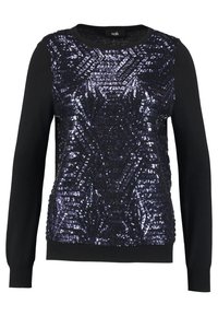 Pull noir à manches longues orné de paillettes bleu foncé brillantes disposées en motif géométrique sur le panneau avant.