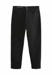 Zwarte denim jeans met een klassieke vijf-pocket stijl, rechte pijpen en een gladde textuur met een comfortabele stretch.