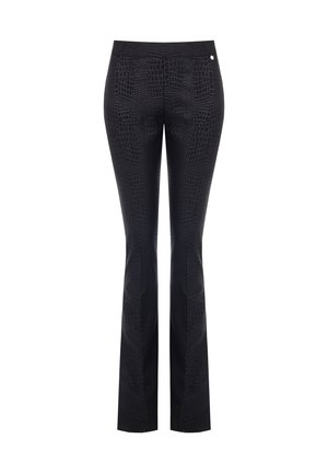 Schwarze Hose mit Krokodilsmuster, schmal geschnitten, mit einem dezenten Glanz und einem kleinen metallischen Akzent am Bund.