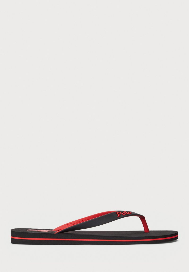 Black rubber flip-flop with red accents, featuring a textured footbed and a narrow strap, branded with "Polo" in red on the strap.