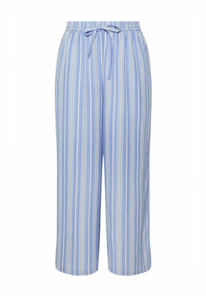 Hellblaue Hosen mit weitem Bein, vertikalen weißen und gelben Streifen, elastischem Bund und vorderem Kordelzug.