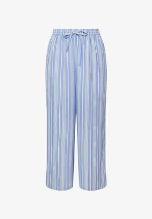 Pantaloni a gamba larga azzurri con righe verticali bianche e gialle, vita elastica e coulisse frontale.